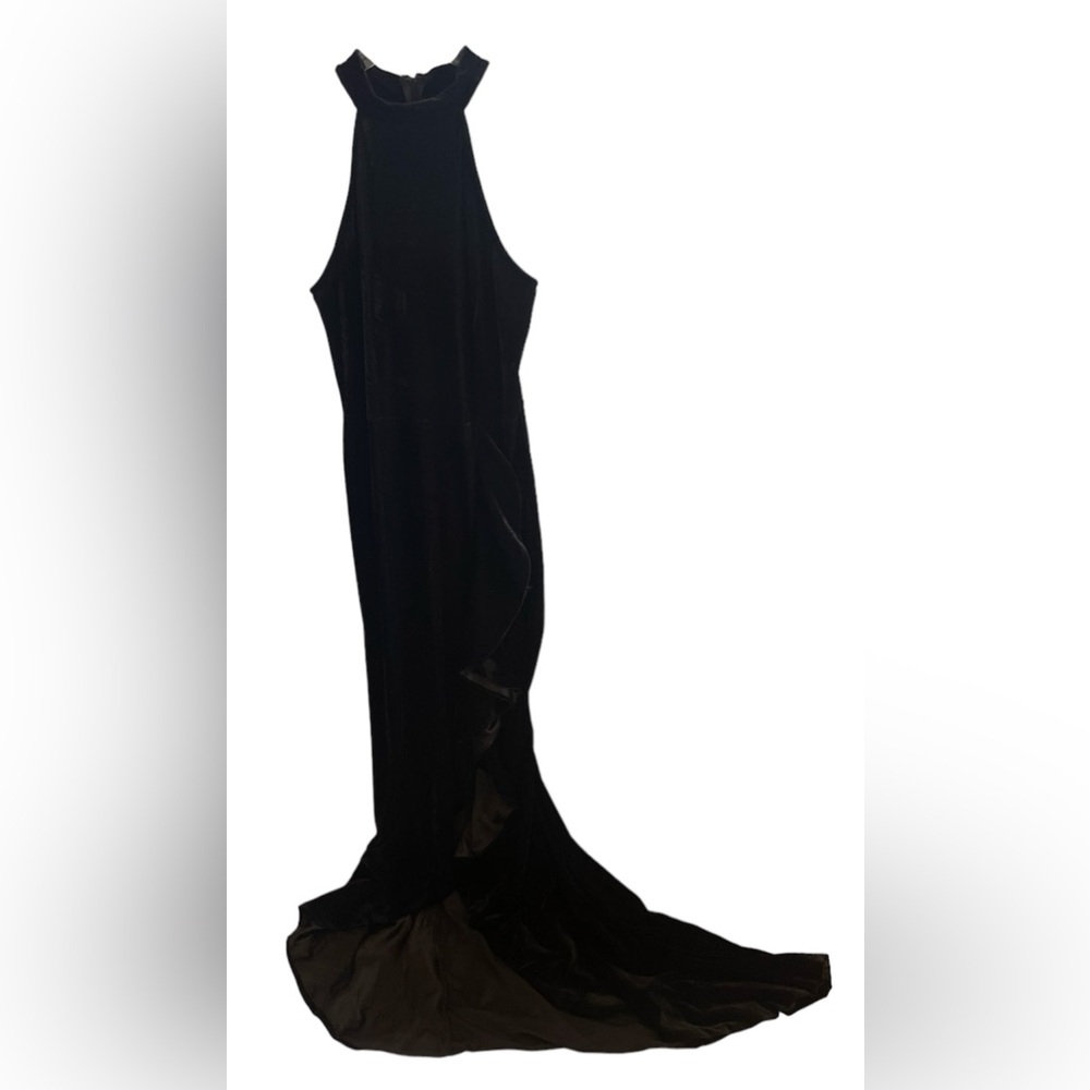 WINDSOR Velvet Halter Side Slit Long Evening Dress with Ruffle & Trail EUC SZ S